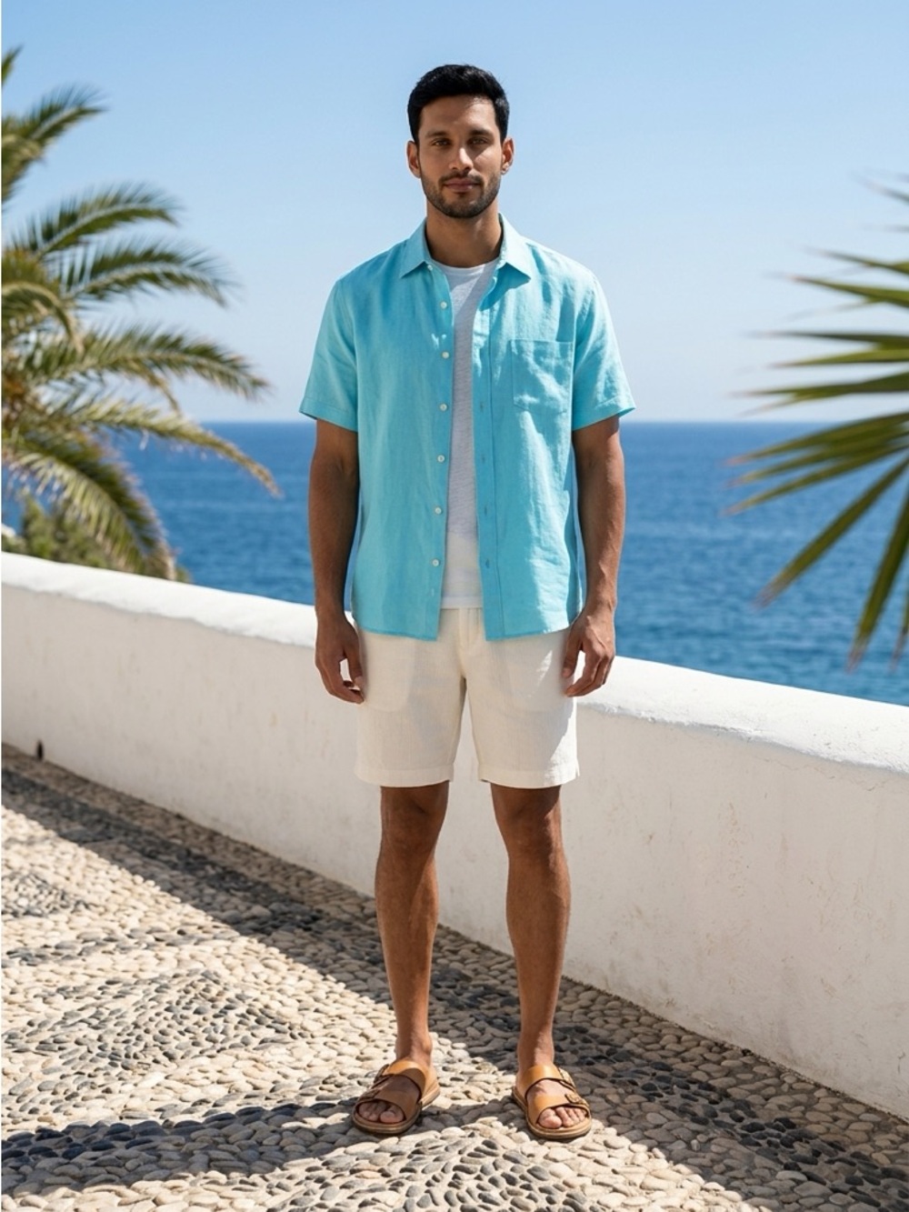 Alan Flusser Men's Casual Linen-Blend Shorts in Cream and light blue linen shirt